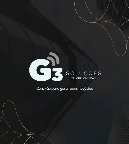 Banner da G3 Soluções Corporativas. Logo da empresa com o slogan "Conexão para gerar bons negócios" em um fundo escuro com a imagem de prédios comerciais.